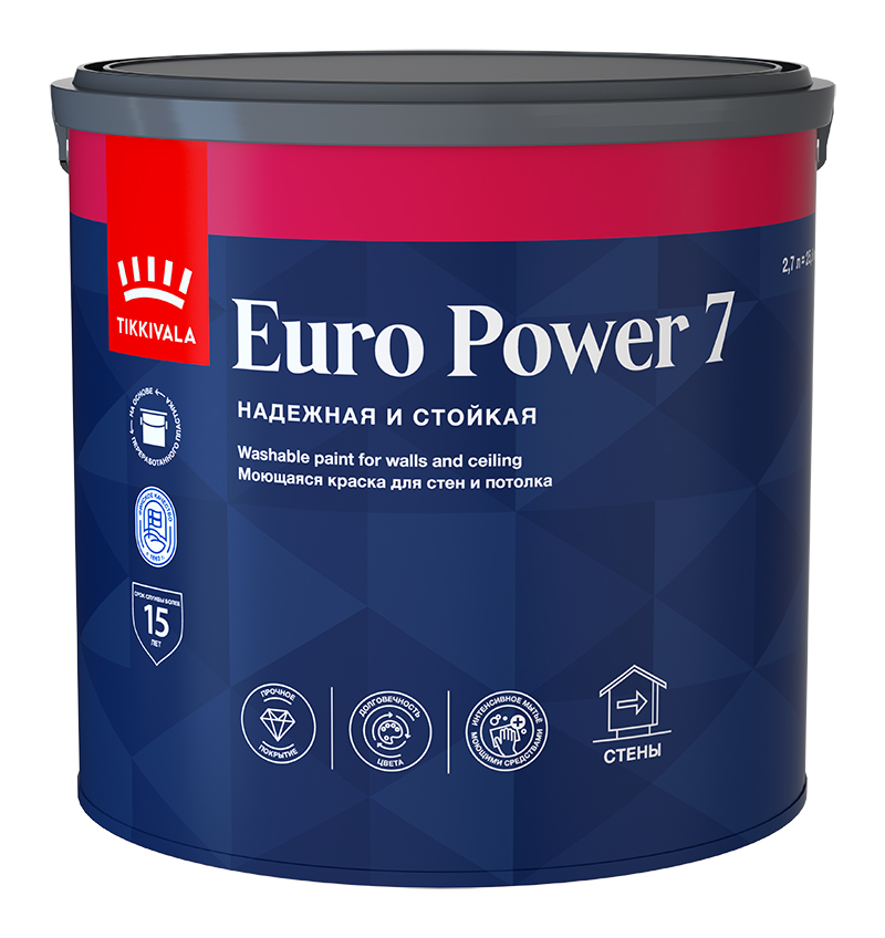 Tikkivala Моющаяся краска для стен и потолков EURO POWER 7, 2,7л, оттенок Белый, акриловая, водно-дисперсионная, матовая, колеруемая для внутренних работ