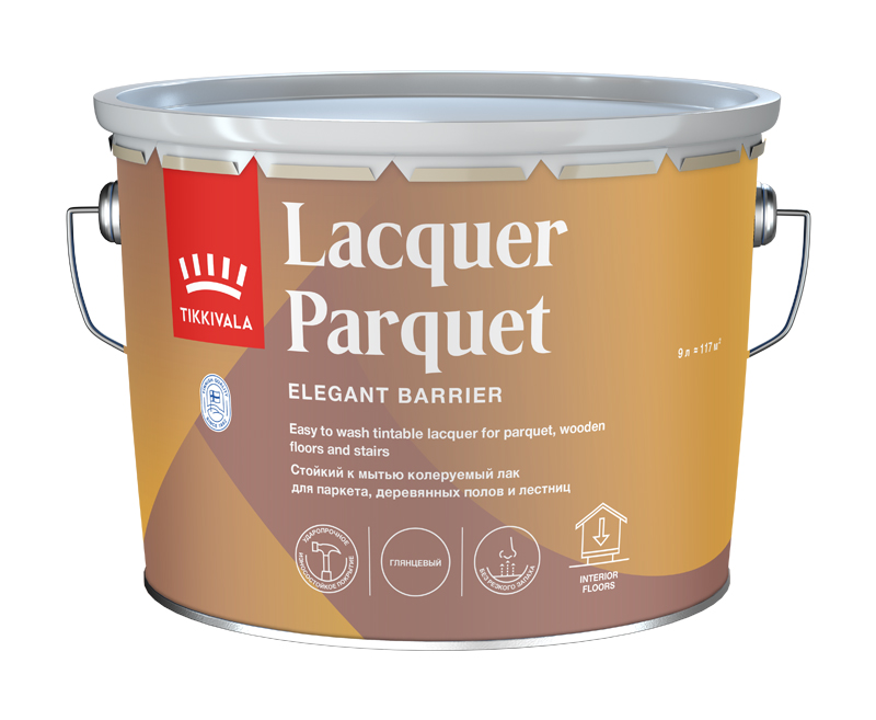 Tikkivala Лак паркетный EURO KIRI/Lacquer Parquet (полумат) 9л Бесцветный, для паркета, алкидная, атмосферостойкая, матовая, колеруемая